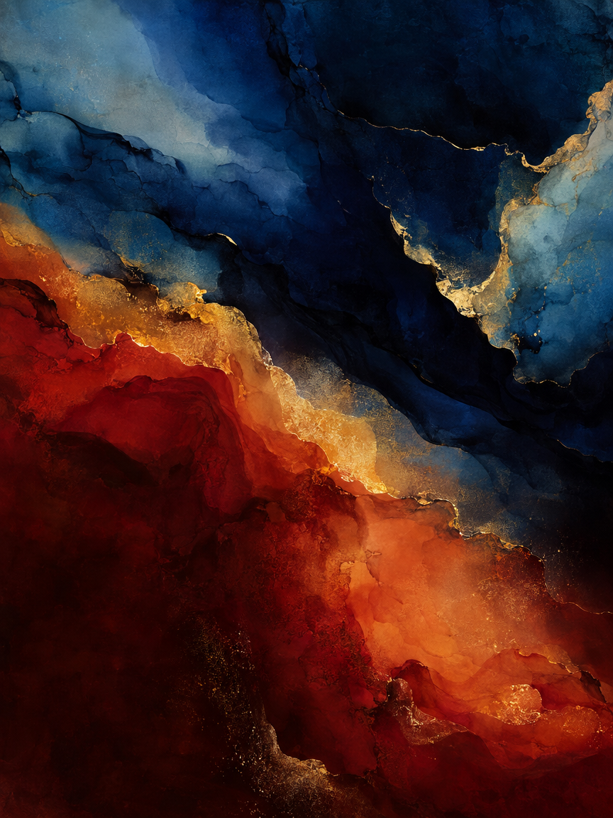 Featured abstract digital artwork in indigo, gold and vermilion